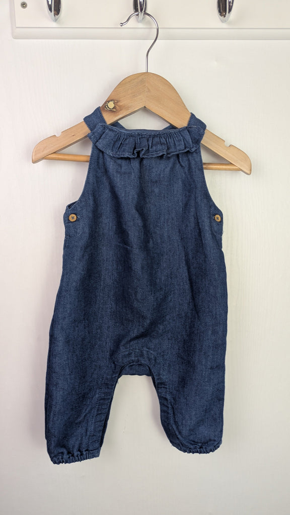 M&S Dark Denim Ruffle Dungarees - Girls 3-6 Months Little Ones Preloved Used, Preloved, Preworn Baby, Girls & Boys Clothes. Kids & Children's second hand Clothing UK Online. Cheap affordable. Brands including Next, Joules, Nutmeg Morrisons, TU, F&F, H&M.