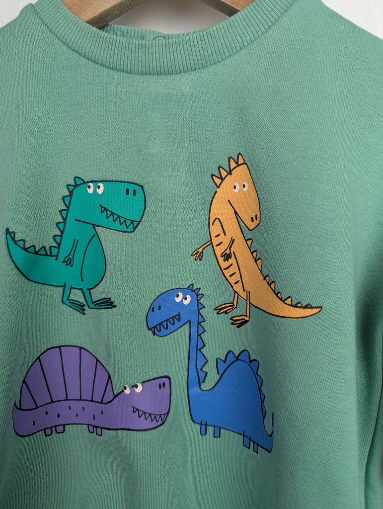 M&S Green Dinosaur Jumper - Boys 18-24 Months Little Ones Preloved Used, Preloved, Preworn Baby, Girls & Boys Clothes. Kids & Children's second hand Clothing UK Online. Cheap affordable. Brands including Next, Joules, Nutmeg Morrisons, TU, F&F, H&M.