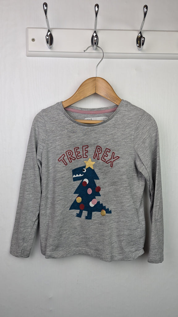 M&S Grey Christmas Tree Rex Top - Girls 3-4 Years Little Ones Preloved Used, Preloved, Preworn & Second Hand Baby, Kids & Children's Clothing UK Online. Cheap affordable. Brands including Next, Joules, Nutmeg Morrisons, TU, F&F, H&M.