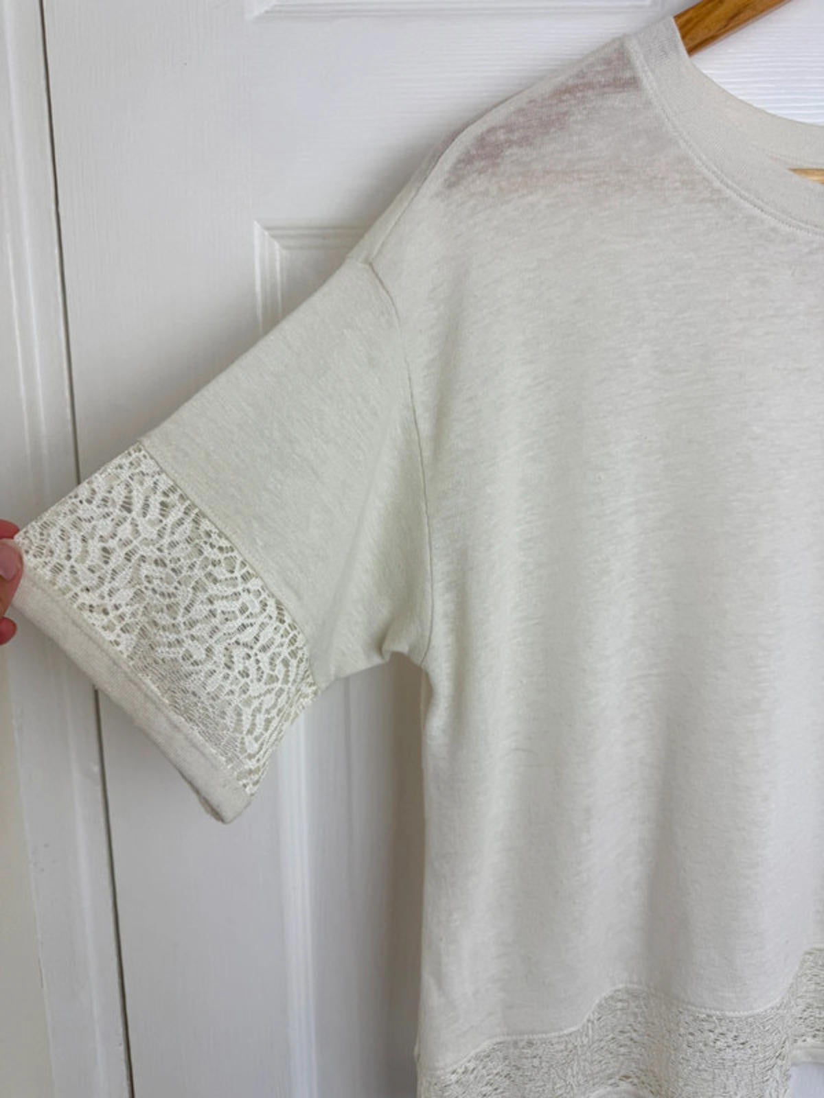 M&S Ivory Short Sleeve Lace Border Top - Ladies Size 10 - Little Ones Preloved. Second Hand Children's & Preloved Baby, Kids, Girls & Boys Clothes. UK online