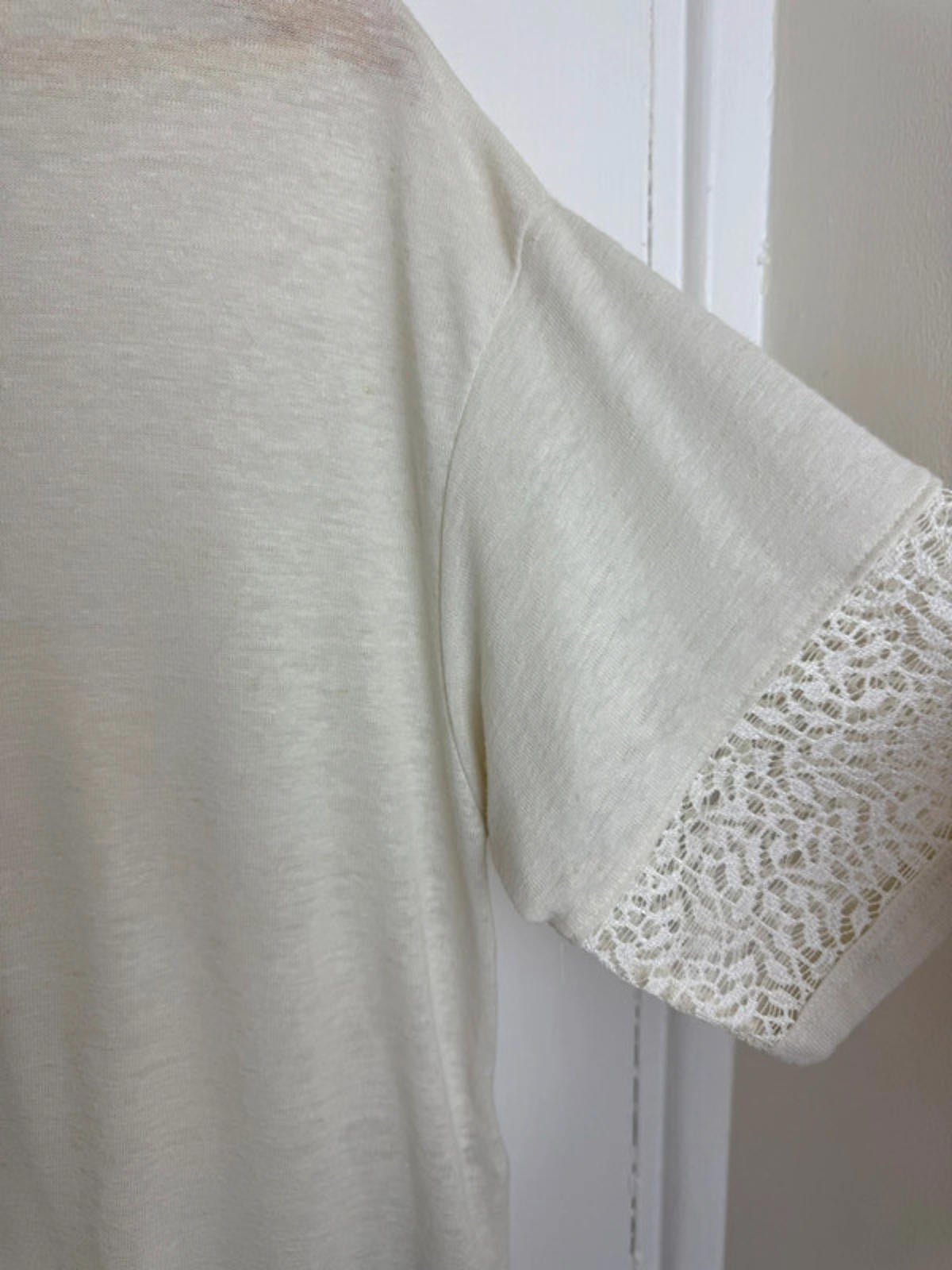 M&S Ivory Short Sleeve Lace Border Top - Ladies Size 10 - Little Ones Preloved. Second Hand Children's & Preloved Baby, Kids, Girls & Boys Clothes. UK online