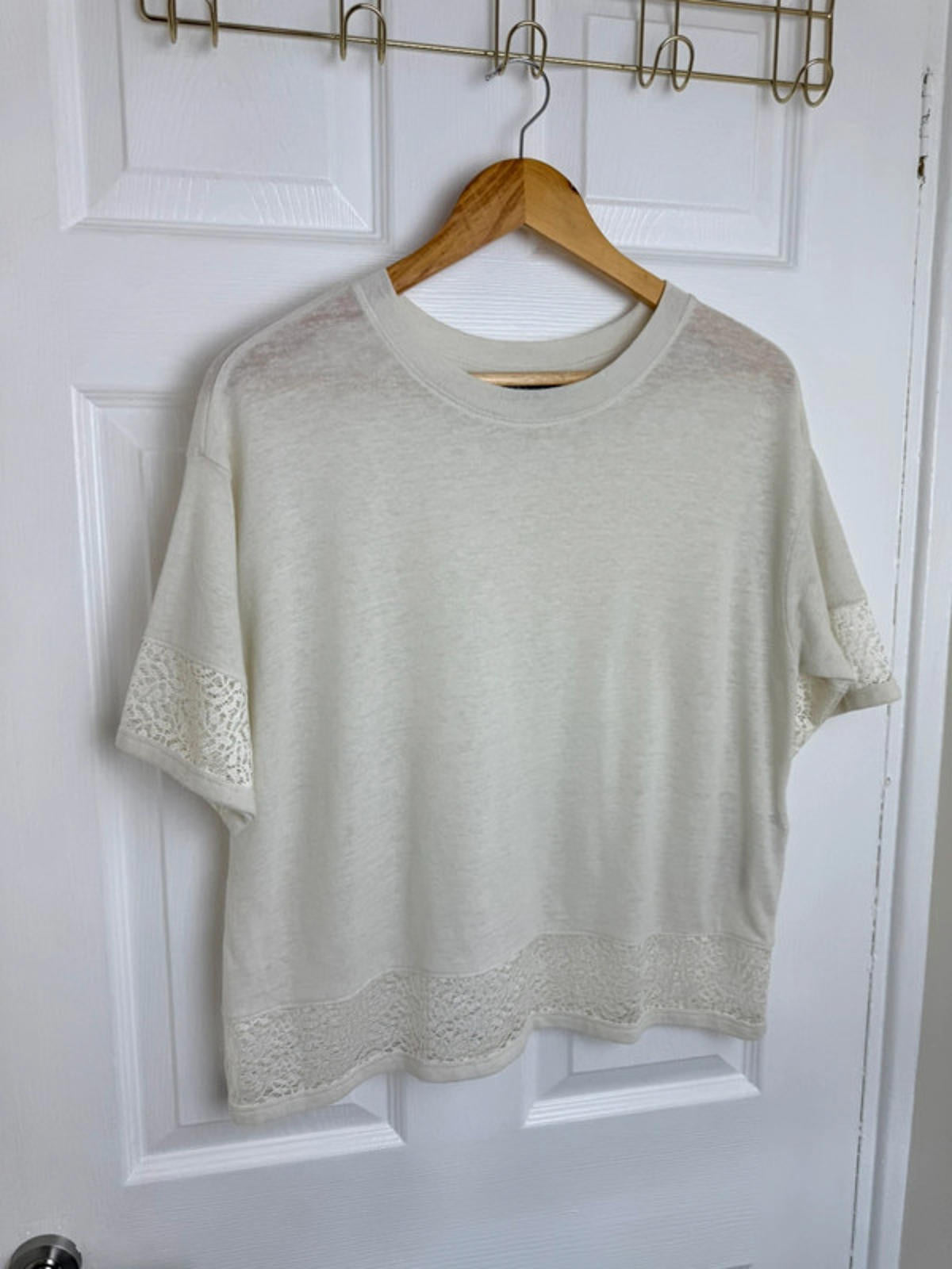 M&S Ivory Short Sleeve Lace Border Top - Ladies Size 10 - Little Ones Preloved. Second Hand Children's & Preloved Baby, Kids, Girls & Boys Clothes. UK online