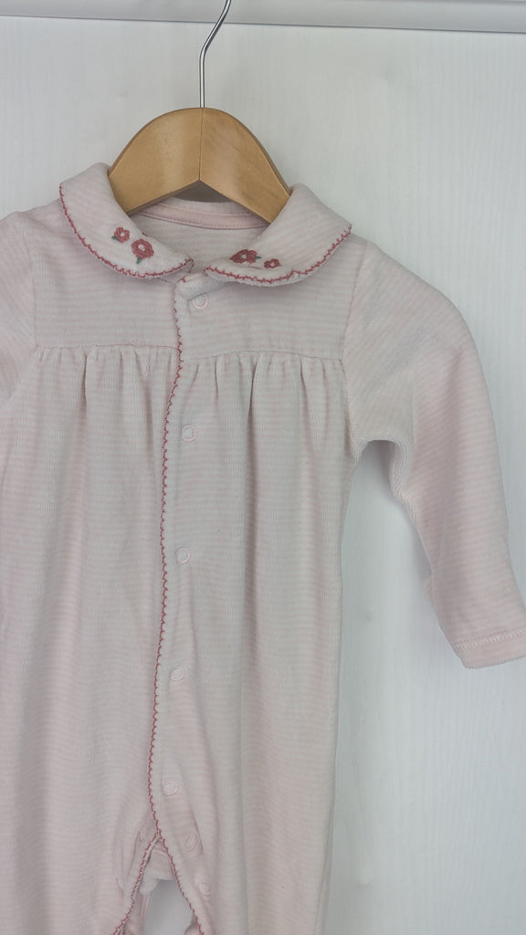 M&S Pink Striped Velour Sleepsuit - Girls 3-6 Months Marks & Spencer Used, Preloved, Preworn Baby, Girls & Boys Clothes. Kids & Children's second hand Clothing UK Online. Cheap affordable. Brands including Next, Joules, Nutmeg Morrisons, TU, F&F, H&M.