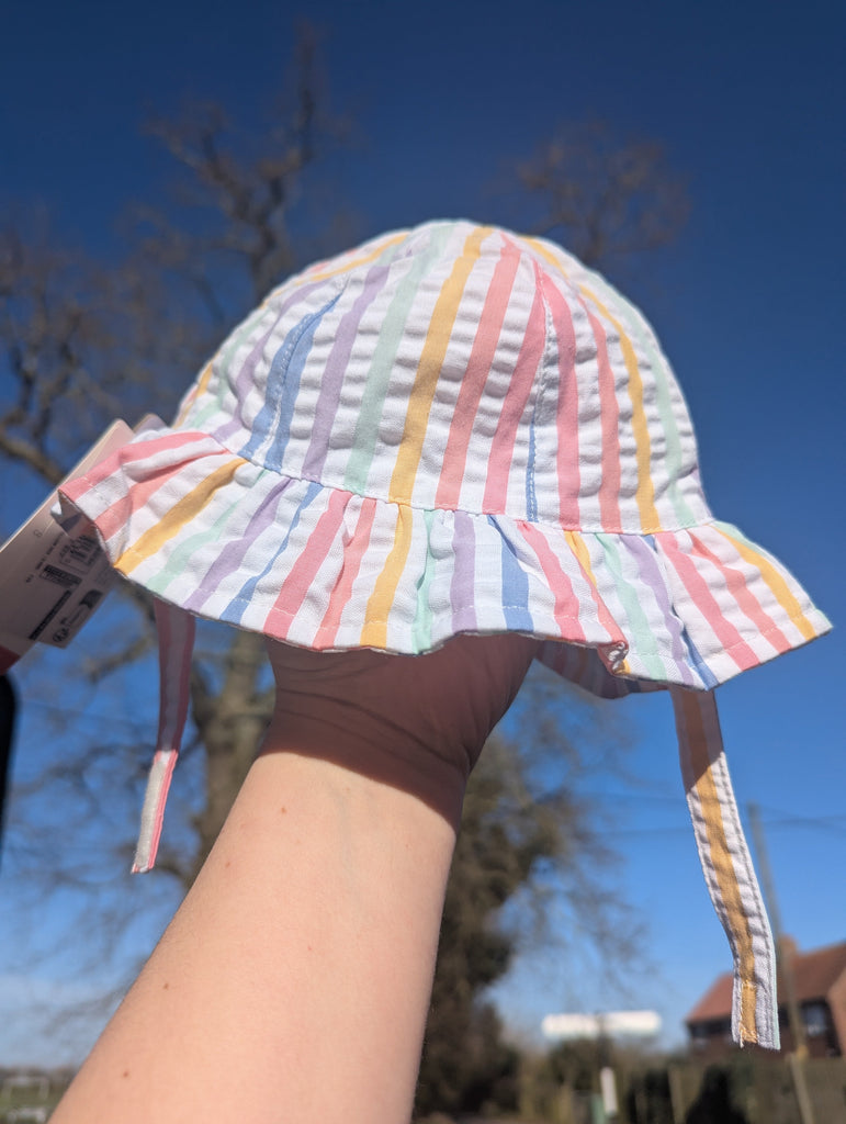 NEW Ex-M*S Rainbow Stripe Hat - Girls 6-12 Months Little Ones Preloved Used, Preloved, Preworn Baby, Girls & Boys Clothes. Kids & Children's second hand Clothing UK Online. Cheap affordable. Brands including Next, Joules, Nutmeg Morrisons, TU, F&F, H&M.