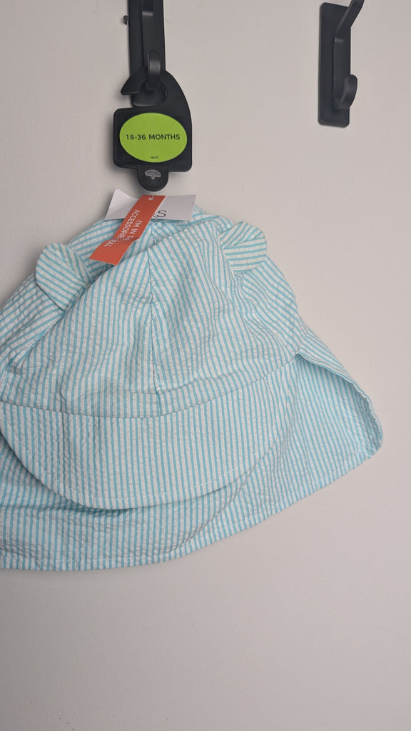 NEW M&S Blue & White Striped Bear Ears Sun Hat - Unisex 12-18 Months Little Ones Preloved Used, Preloved, Preworn Baby, Girls & Boys Clothes. Kids & Children's second hand Clothing UK Online. Cheap affordable. Brands including Next, Joules, Nutmeg Morrisons, TU, F&F, H&M.