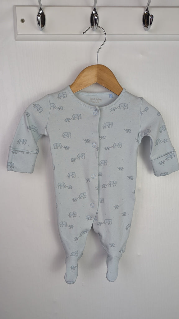 Next Blue Elephants Sleepsuit - Boys Newborn Little Ones Preloved Used, Preloved, Preworn Baby, Girls & Boys Clothes. Kids & Children's second hand Clothing UK Online. Cheap affordable. Brands including Next, Joules, Nutmeg Morrisons, TU, F&F, H&M.