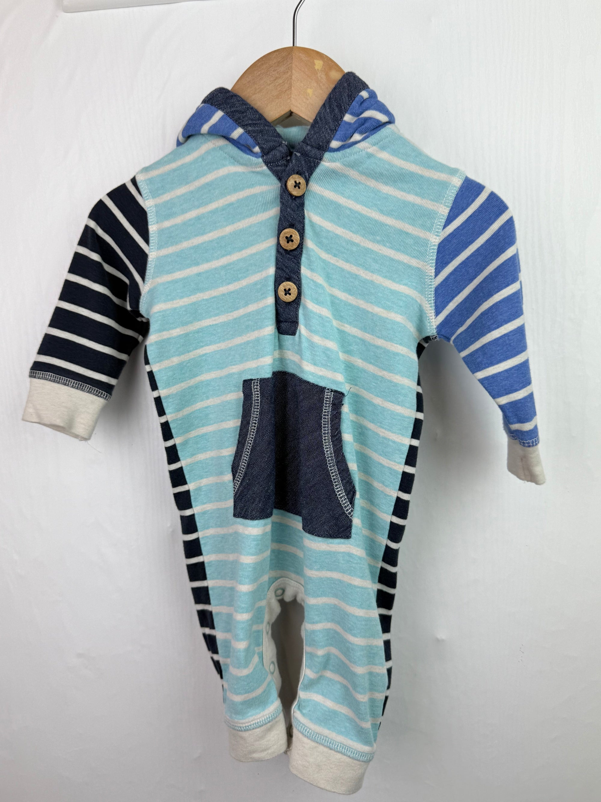 Next Blue Hooded Striped Romper - Boys 0 - 3 Months - Little Ones Preloved. Second Hand Children's & Preloved Baby, Kids, Girls & Boys Clothes. UK online