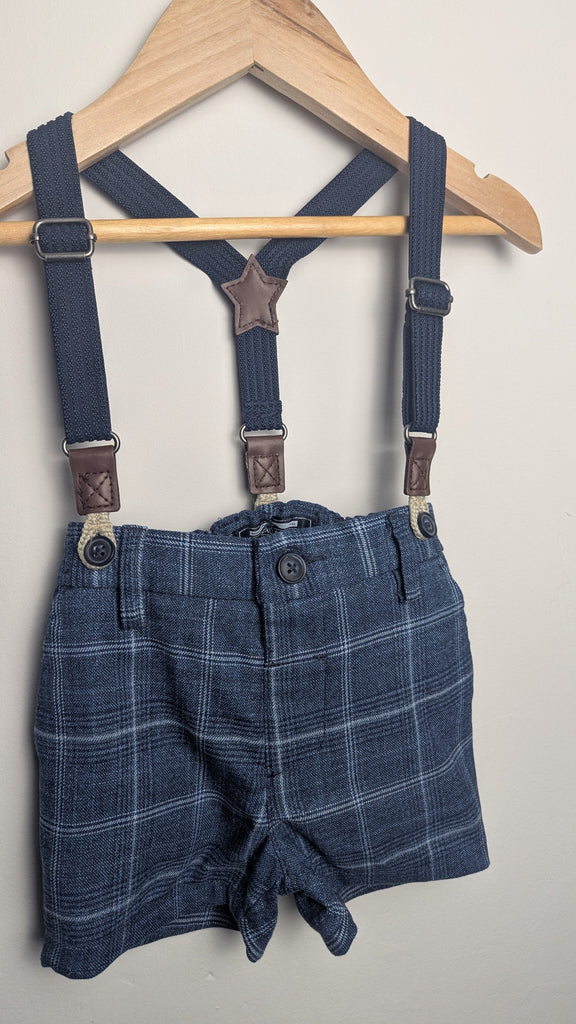 Next Blue Smart Plaid Shorts & Braces - Boys 9-12 Months Little Ones Preloved Used, Preloved, Preworn & Second Hand Baby, Kids & Children's Clothing UK Online. Cheap affordable. Brands including Next, Joules, Nutmeg Morrisons, TU, F&F, H&M.