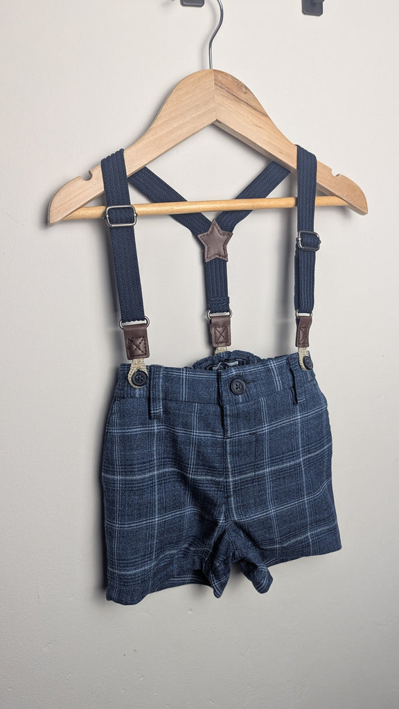 Next Blue Smart Plaid Shorts & Braces - Boys 9-12 Months Little Ones Preloved Used, Preloved, Preworn & Second Hand Baby, Kids & Children's Clothing UK Online. Cheap affordable. Brands including Next, Joules, Nutmeg Morrisons, TU, F&F, H&M.