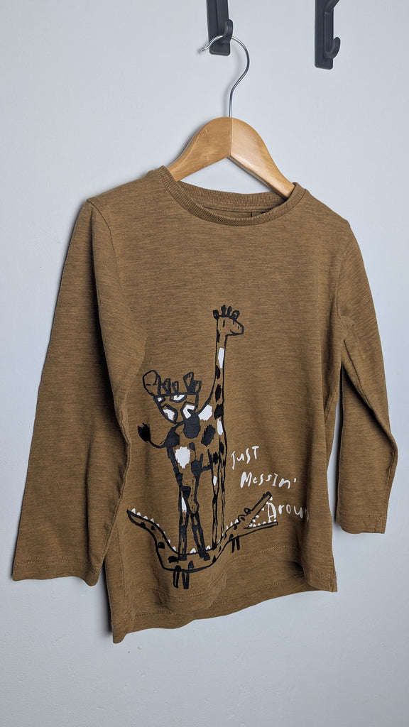 Next Brown Giraffe Long Sleeve Top- Boys 3-4 Years Little Ones Preloved Used, Preloved, Preworn Baby, Girls & Boys Clothes. Kids & Children's second hand Clothing UK Online. Cheap affordable. Brands including Next, Joules, Nutmeg Morrisons, TU, F&F, H&M.