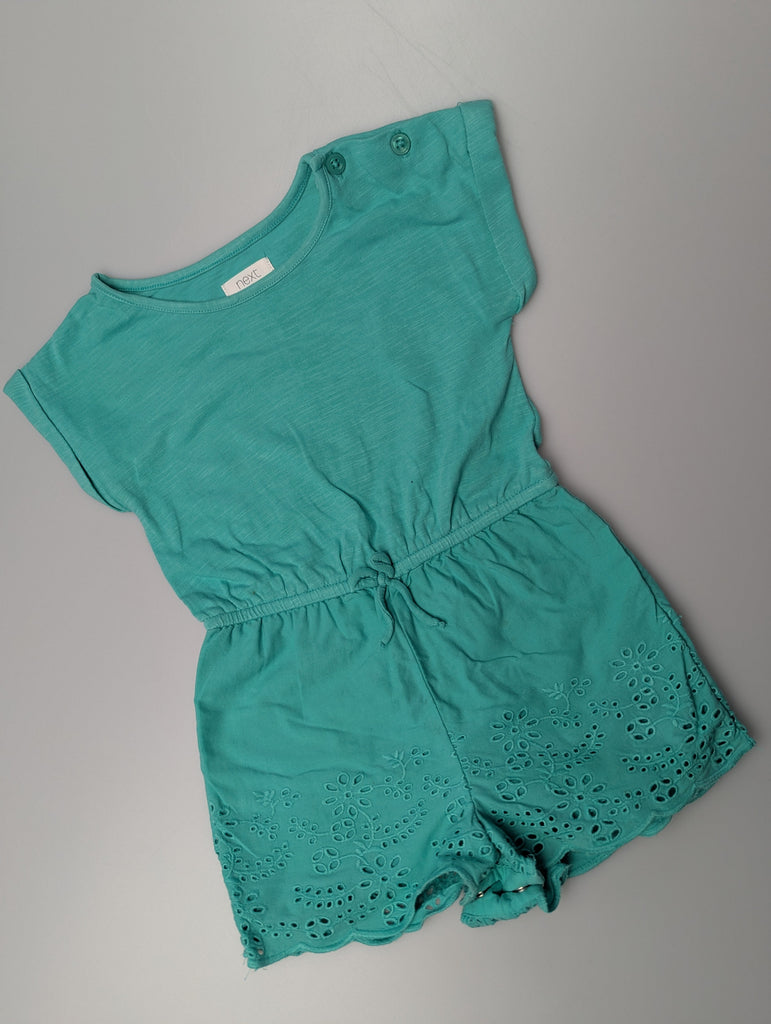 Next Green Eyelet Romper - Girls 3-6 Months Little Ones Preloved Used, Preloved, Preworn Baby, Girls & Boys Clothes. Kids & Children's second hand Clothing UK Online. Cheap affordable. Brands including Next, Joules, Nutmeg Morrisons, TU, F&F, H&M.