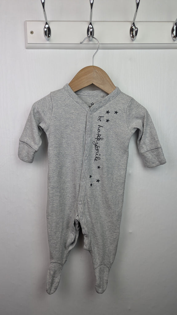 Next Grey Happy & Smile Sleepsuit - Unisex 0-3 months Little Ones Preloved Used, Preloved, Preworn & Second Hand Baby, Kids & Children's Clothing UK Online. Cheap affordable. Brands including Next, Joules, Nutmeg Morrisons, TU, F&F, H&M.