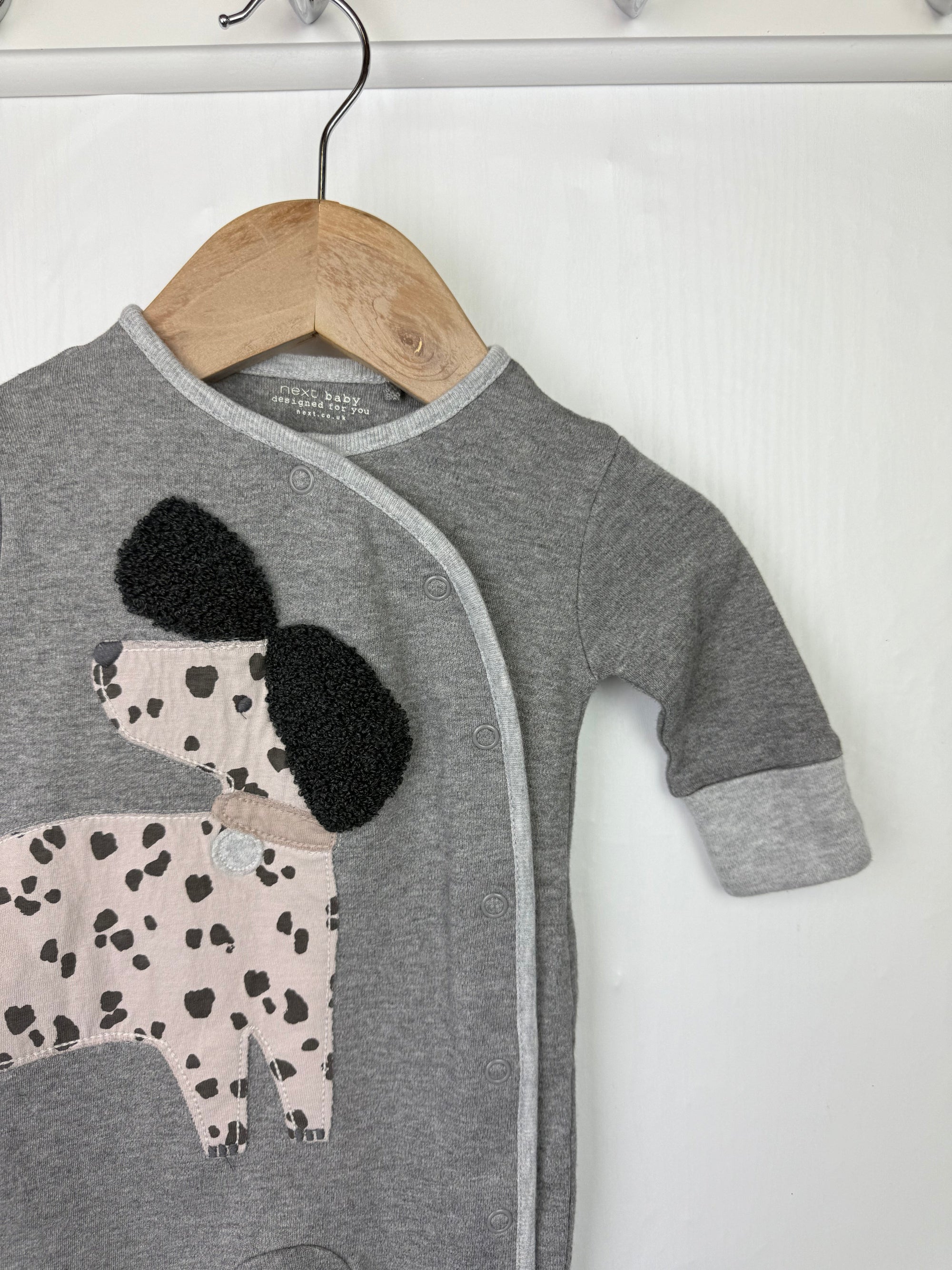 Next Grey Spotty Dog Sleepsuit - Unisex 0 - 1 Month - Little Ones Preloved. Second Hand Children's & Preloved Baby, Kids, Girls & Boys Clothes. UK online