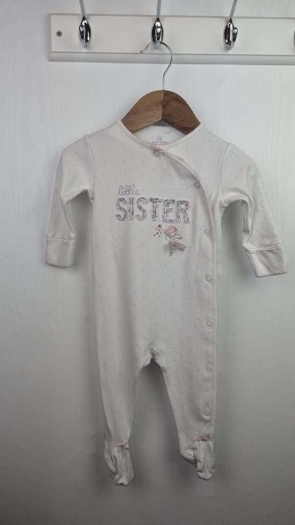 Next Little Sister Sleepsuit - Girls 3-6 Months Little Ones Preloved Used, Preloved, Preworn Baby, Girls & Boys Clothes. Kids & Children's second hand Clothing UK Online. Cheap affordable. Brands including Next, Joules, Nutmeg Morrisons, TU, F&F, H&M.