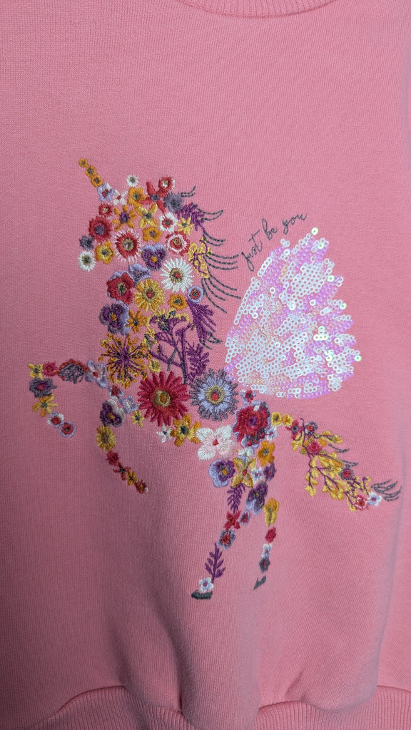 Next Pink Floral Unicorn Jumper - Girls 5 Years Little Ones Preloved Used, Preloved, Preworn & Second Hand Baby, Kids & Children's Clothing UK Online. Cheap affordable. Brands including Next, Joules, Nutmeg Morrisons, TU, F&F, H&M.