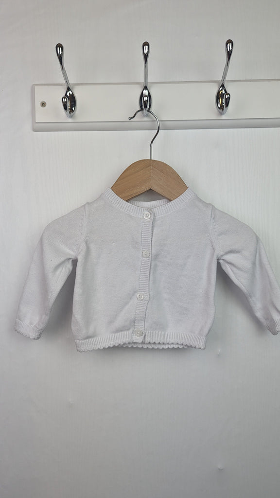 Next White Fine Knit Cardigan - Girls 0-3 Months Little Ones Preloved Used, Preloved, Preworn & Second Hand Baby, Kids & Children's Clothing UK Online. Cheap affordable. Brands including Next, Joules, Nutmeg Morrisons, TU, F&F, H&M.