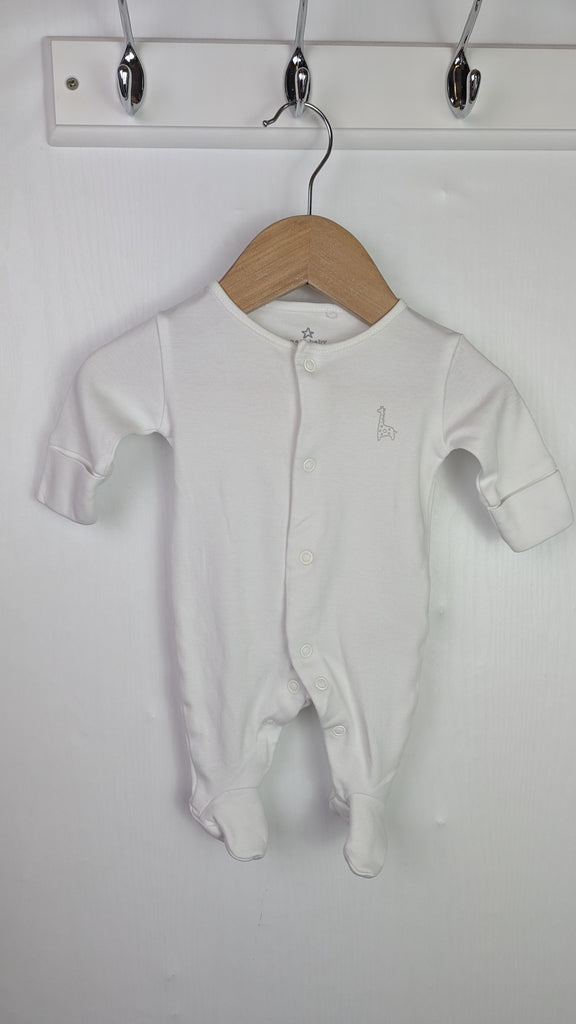 Next White Giraffe Sleepsuit - Unisex Newborn Little Ones Preloved Used, Preloved, Preworn Baby, Girls & Boys Clothes. Kids & Children's second hand Clothing UK Online. Cheap affordable. Brands including Next, Joules, Nutmeg Morrisons, TU, F&F, H&M.