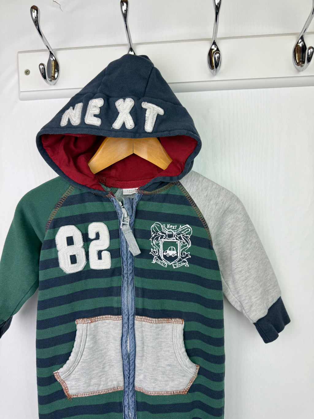 Next Zipped Hoodie Romper - Boys 6 - 9 Months - Little Ones Preloved. Second Hand Children's & Preloved Baby, Kids, Girls & Boys Clothes. UK online