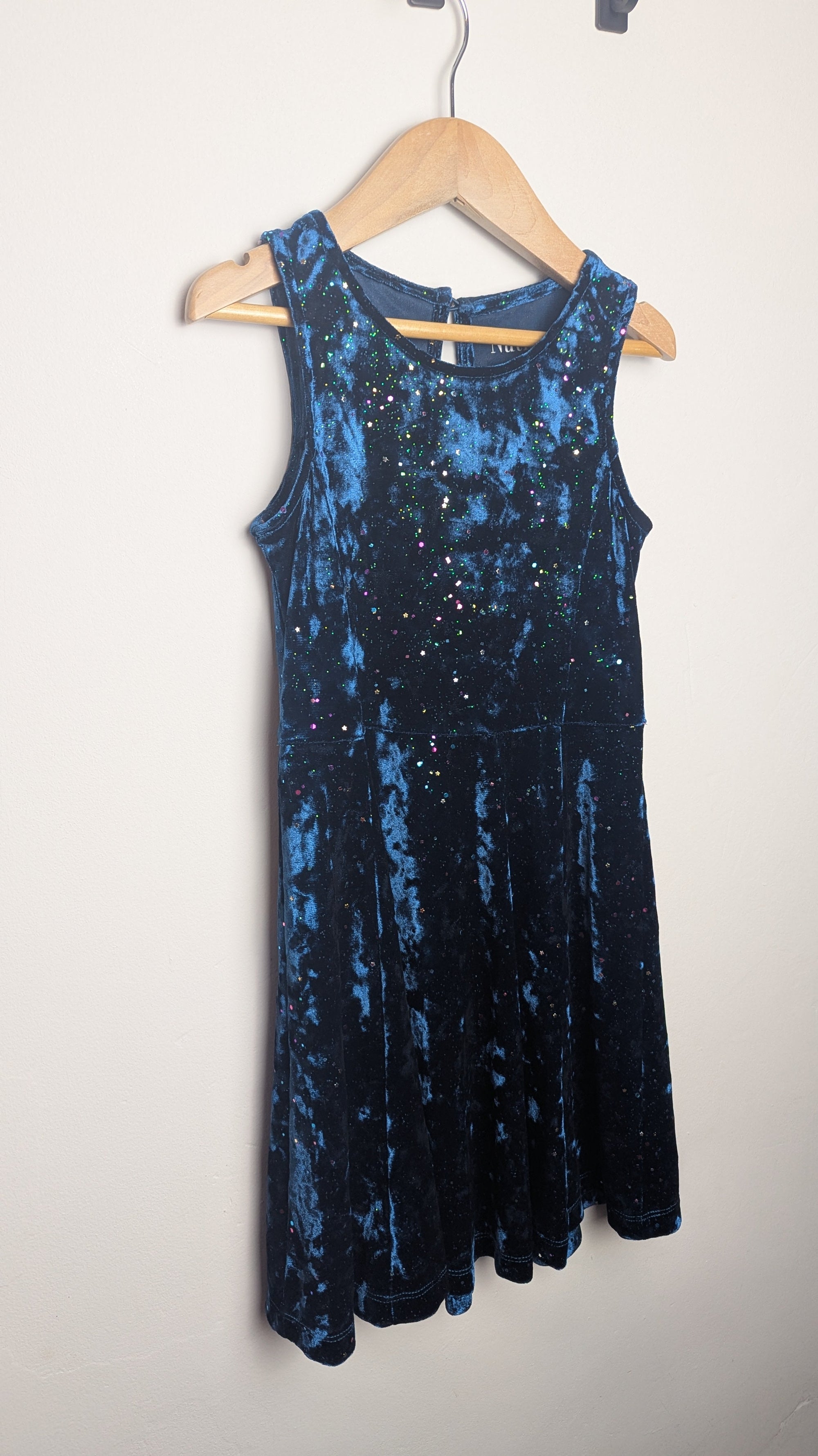 Nutmeg Blue/Green Crushed Velvet Glitter Dress - Girls 6 - 7 Years - Little Ones Preloved. Second Hand Children's & Preloved Baby, Kids, Girls & Boys Clothes. UK online