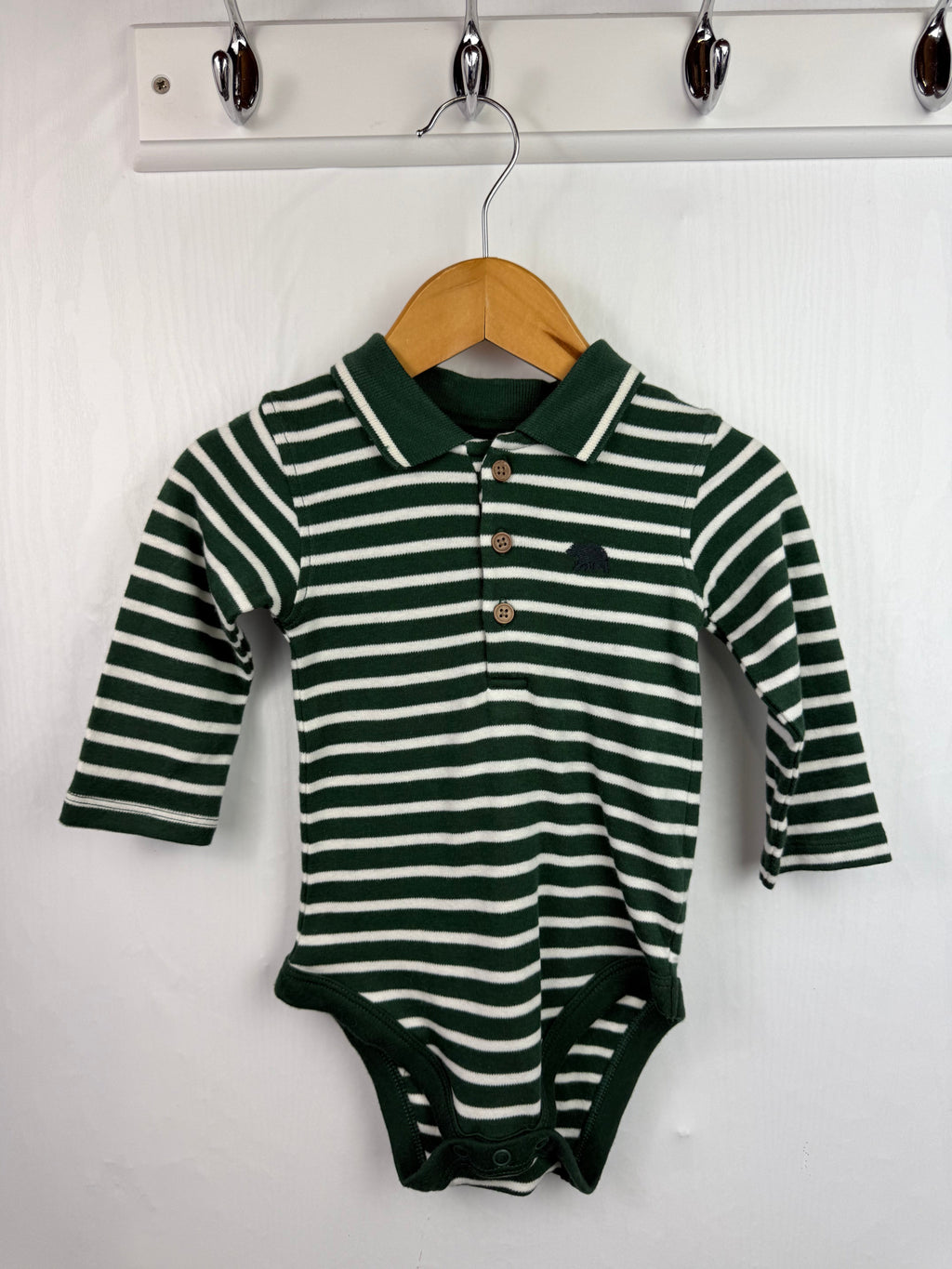 Nutmeg Green Striped Collar Bodysuit - Boys 6 - 9 Months - Little Ones Preloved. Second Hand Children's & Preloved Baby, Kids, Girls & Boys Clothes. UK online