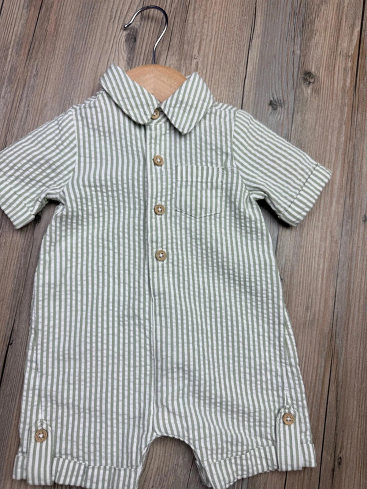 Nutmeg Green Striped Romper - Boys Newborn - Little Ones Preloved. Second Hand Children's & Preloved Baby, Kids, Girls & Boys Clothes. UK online