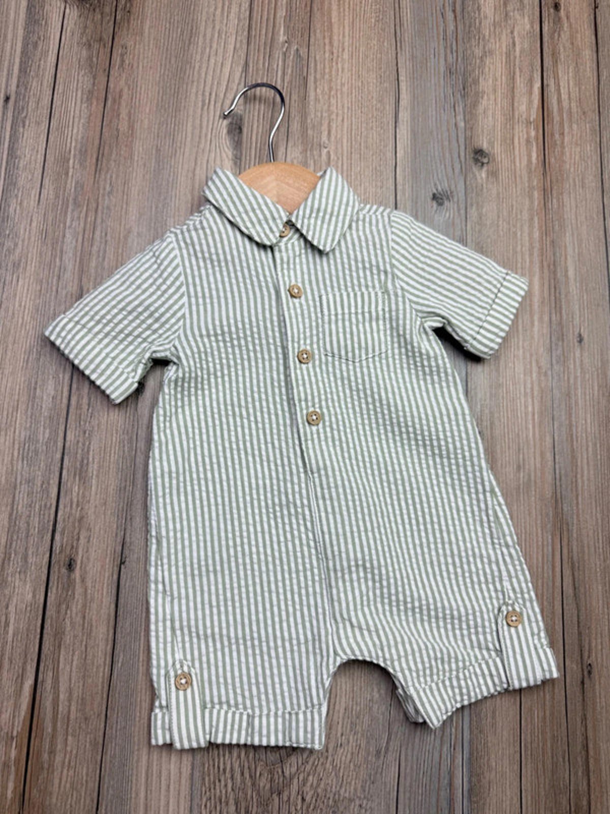 Nutmeg Green Striped Romper - Boys Newborn - Little Ones Preloved. Second Hand Children's & Preloved Baby, Kids, Girls & Boys Clothes. UK online