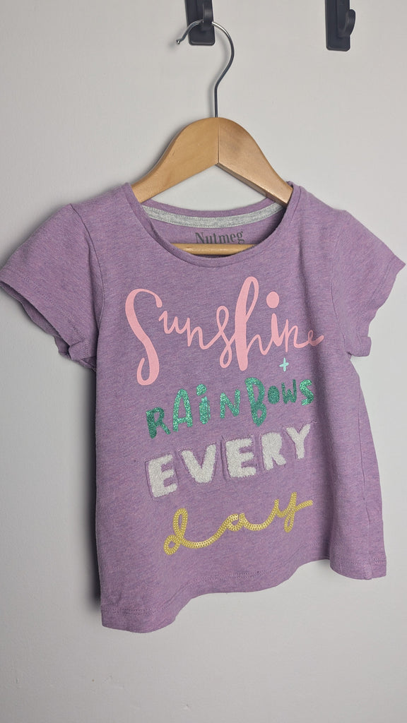 Nutmeg Purple Sunshine & Rainbows Top - Girls 2-3 Years Little Ones Preloved Used, Preloved, Preworn Baby, Girls & Boys Clothes. Kids & Children's second hand Clothing UK Online. Cheap affordable. Brands including Next, Joules, Nutmeg Morrisons, TU, F&F, H&M.