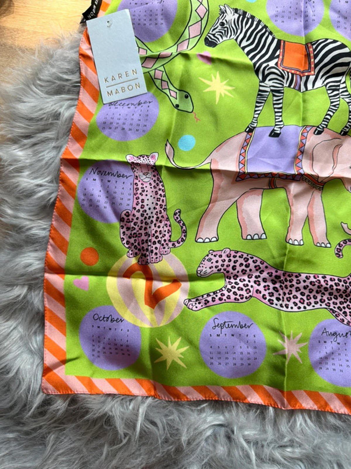 NWT’s Karen Mabon Circus Animals Calendar Silk Scarf - Little Ones Preloved. Second Hand Children's & Preloved Baby, Kids, Girls & Boys Clothes. UK online