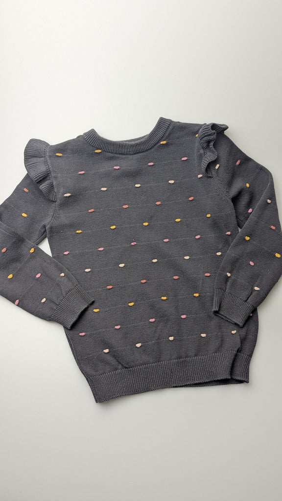 Primark Grey Knit Dotty Jumper - Girls 3-4 Years Little Ones Preloved Used, Preloved, Preworn Baby, Girls & Boys Clothes. Kids & Children's second hand Clothing UK Online. Cheap affordable. Brands including Next, Joules, Nutmeg Morrisons, TU, F&F, H&M.