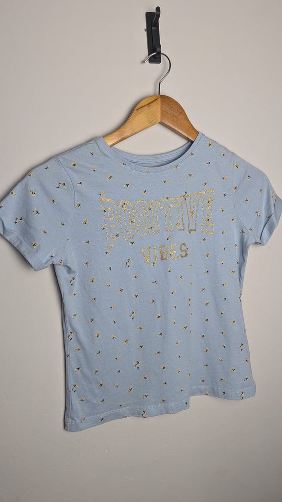 Primark 'Positive Vibes' Blue Floral Top - Girls 10-11 Years Little Ones Preloved Used, Preloved, Preworn & Second Hand Baby, Kids & Children's Clothing UK Online. Cheap affordable. Brands including Next, Joules, Nutmeg Morrisons, TU, F&F, H&M.