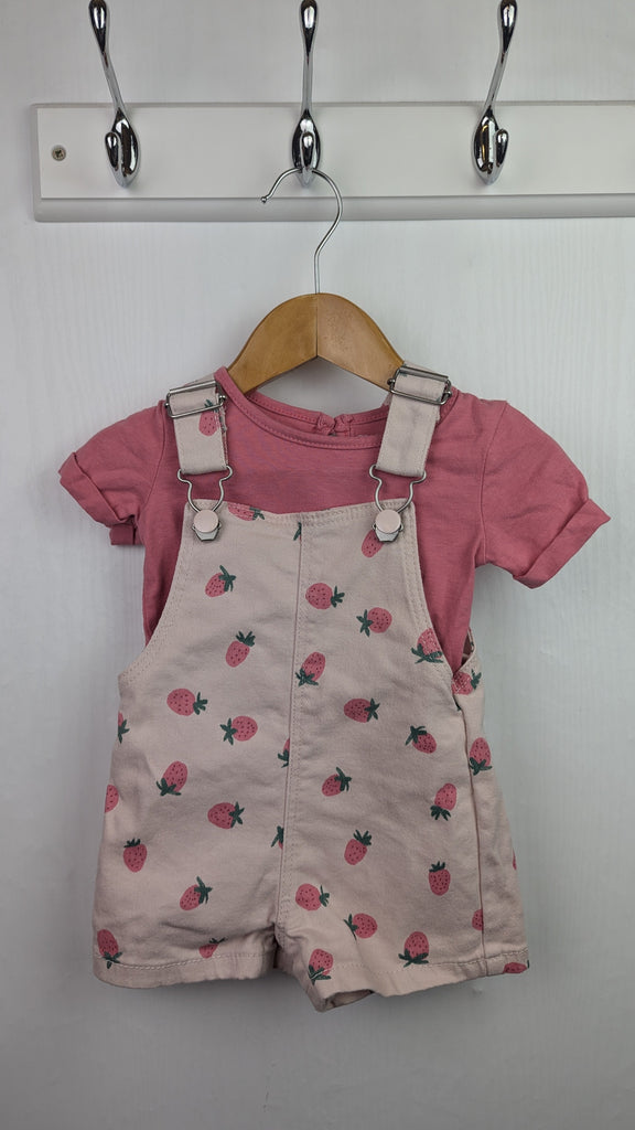 Primark Strawberry Dungaree & Top - Girls 3-6 Months Little Ones Preloved Used, Preloved, Preworn & Second Hand Baby, Kids & Children's Clothing UK Online. Cheap affordable. Brands including Next, Joules, Nutmeg Morrisons, TU, F&F, H&M.