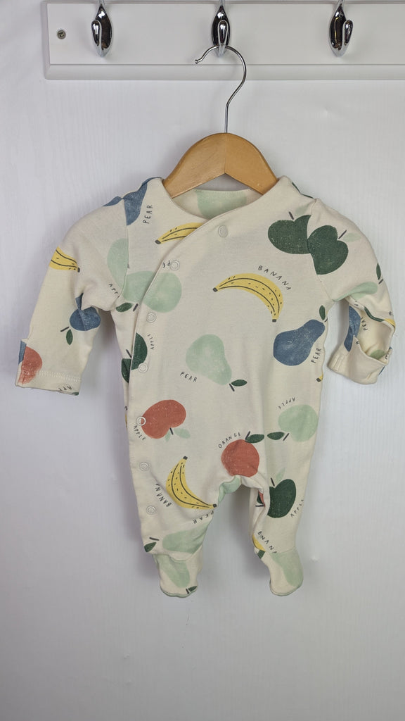 TU Cream Fruits Sleepsuit - Unisex 0-1 Month Little Ones Preloved Used, Preloved, Preworn Baby, Girls & Boys Clothes. Kids & Children's second hand Clothing UK Online. Cheap affordable. Brands including Next, Joules, Nutmeg Morrisons, TU, F&F, H&M.