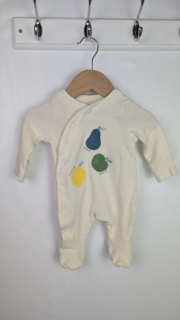 TU Cream & Knitted Fruits Sleepsuit - Unisex 0-1 Month Little Ones Preloved Used, Preloved, Preworn Baby, Girls & Boys Clothes. Kids & Children's second hand Clothing UK Online. Cheap affordable. Brands including Next, Joules, Nutmeg Morrisons, TU, F&F, H&M.