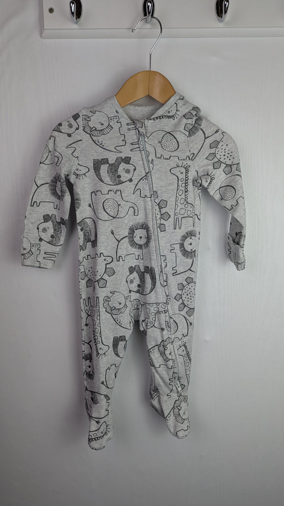 TU Grey Zoo Animals Zip Sleepsuit - Unisex 3-6 Months Little Ones Preloved Used, Preloved, Preworn Baby, Girls & Boys Clothes. Kids & Children's second hand Clothing UK Online. Cheap affordable. Brands including Next, Joules, Nutmeg Morrisons, TU, F&F, H&M.