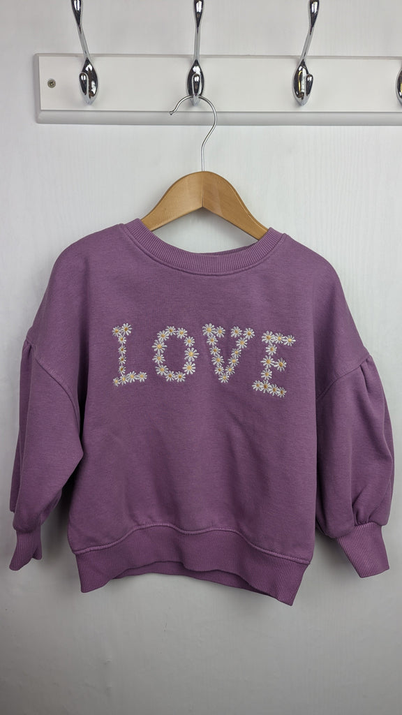 TU Purple Floral Love Jumper - Girls 3 Years TU Used, Preloved, Preworn & Second Hand Baby, Kids & Children's Clothing UK Online. Cheap affordable. Brands including Next, Joules, Nutmeg Morrisons, TU, F&F, H&M.