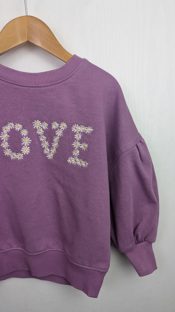 TU Purple Floral Love Jumper - Girls 3 Years TU Used, Preloved, Preworn & Second Hand Baby, Kids & Children's Clothing UK Online. Cheap affordable. Brands including Next, Joules, Nutmeg Morrisons, TU, F&F, H&M.