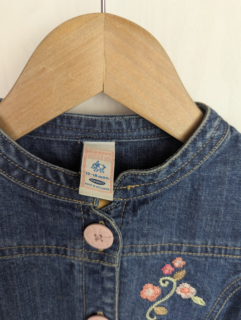 Vintage Old Navy Floral Denim Jacket - Girls 12-18 Months Little Ones Preloved Used, Preloved, Preworn Baby, Girls & Boys Clothes. Kids & Children's second hand Clothing UK Online. Cheap affordable. Brands including Next, Joules, Nutmeg Morrisons, TU, F&F, H&M.