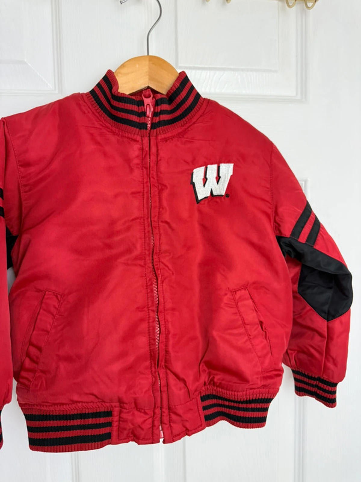 Vintage Team Starter Badgers Varsity Jacket - Kids 4T - Little Ones Preloved. Second Hand Children's & Preloved Baby, Kids, Girls & Boys Clothes. UK online
